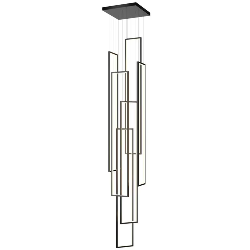 Modern geometric line LED chandelier (metal frame + warm light), warm light effect, creating a minimalist high-end futuristic space atmosphere.