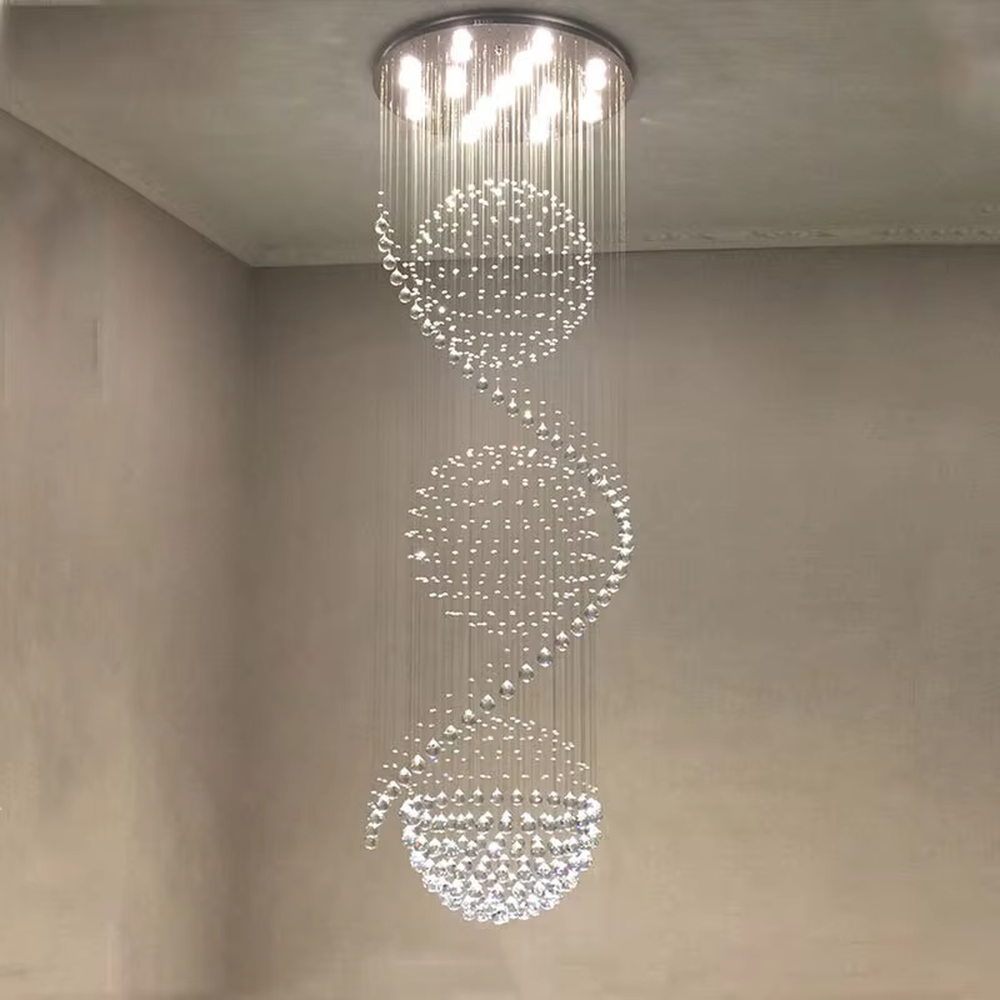 Modern art spiral spherical crystal high-ceiling chandelier, warm light effect, creating a luxurious and dynamic space atmosphere.