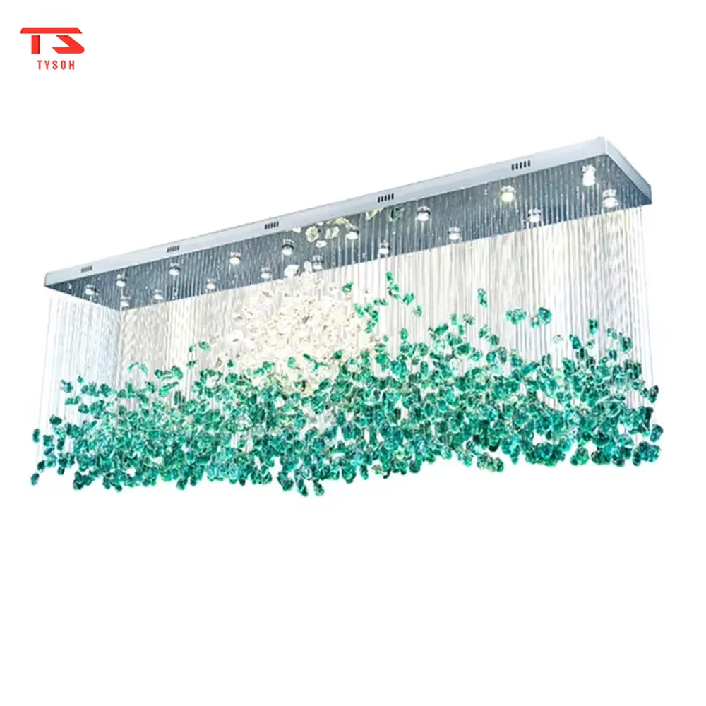 This large custom art crystal chandelier features a suspended green plant/wave shape made of green-white gradient crystal clusters, hung with slender suspension rods, serving both lighting and artistic decoration purposes, ideal for high-ceiling commercial spaces such as sales offices, hotel lobbies, and high-end clubs.