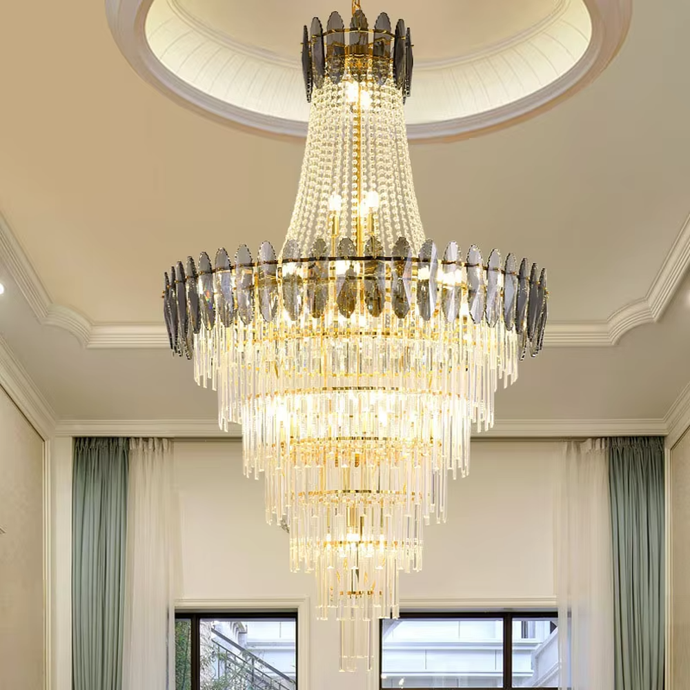 European-style luxury multi-layer golden frame crystal high-ceiling chandelier, full crystal pendants + warm light effect, creating a solemn and luxurious atmosphere in large spaces.