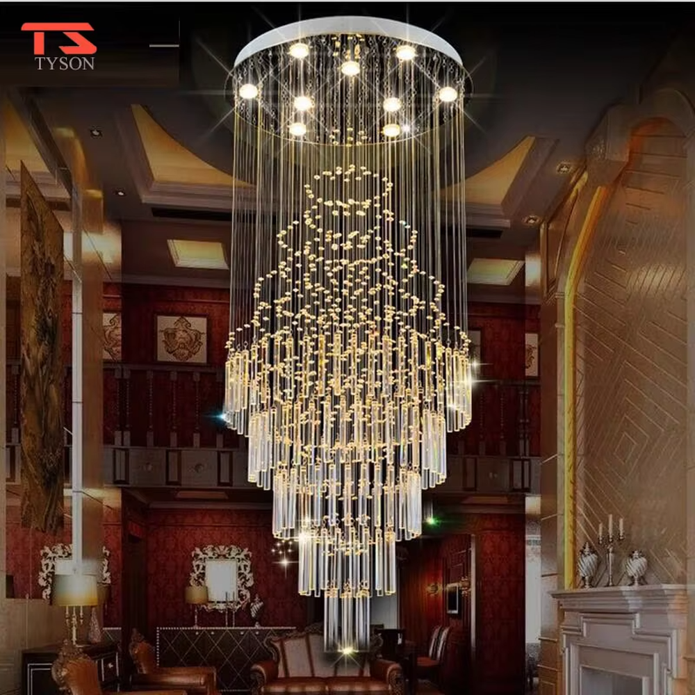 Luxurious retro circular ceiling-mounted golden crystal long string + particle decoration high-ceiling chandelier, warm light effect, creating a retro luxurious space atmosphere.