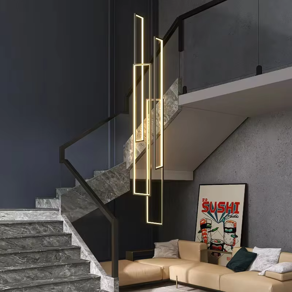 Modern geometric line LED chandelier (metal frame + warm light), warm light effect, creating a minimalist high-end futuristic space atmosphere.