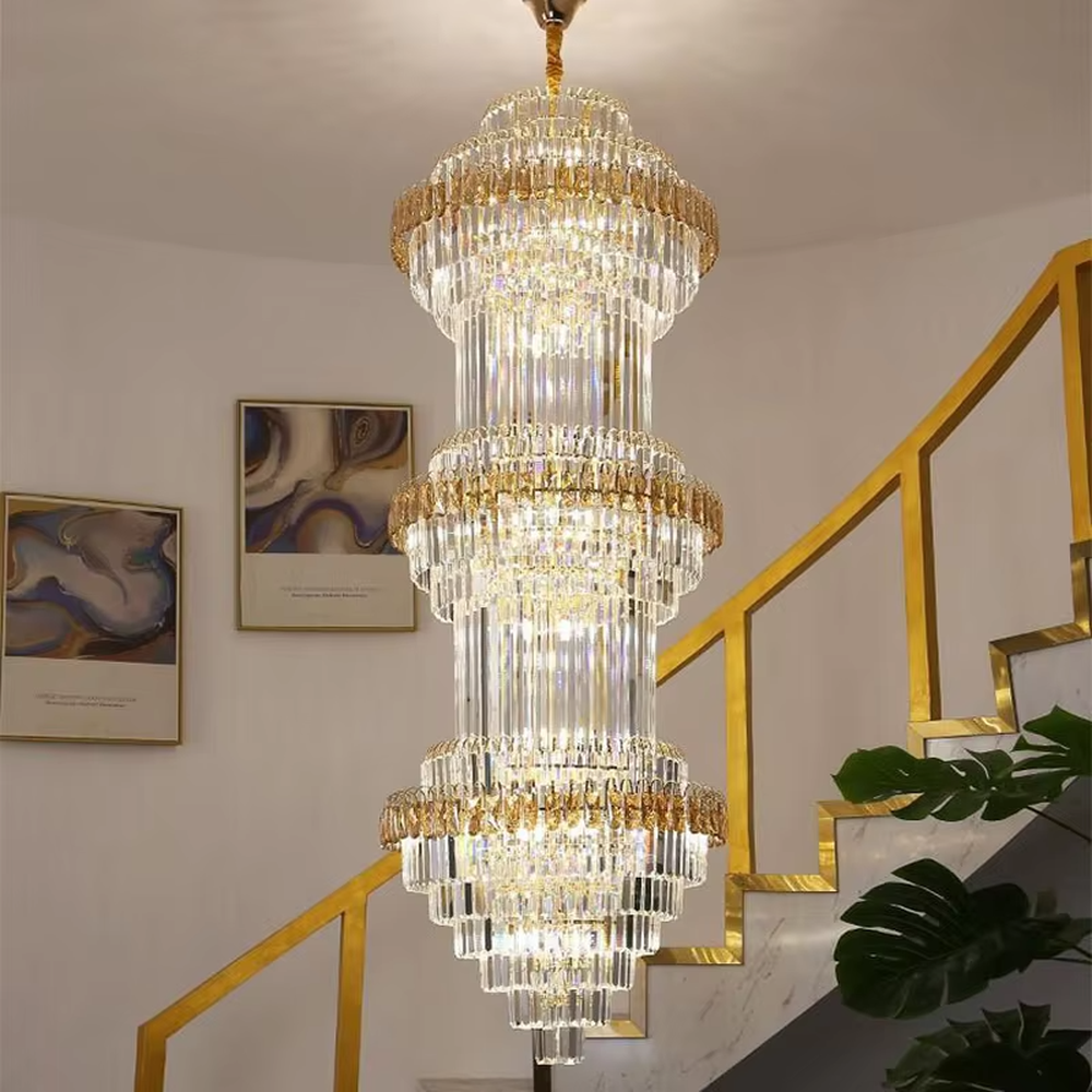 Modern top-luxury multi-layer golden frame crystal high-ceiling chandelier (with black-gray decorative strips), transparent long crystals + golden frame + warm light effect, creating a luxurious and grand atmosphere in high-ceiling spaces.