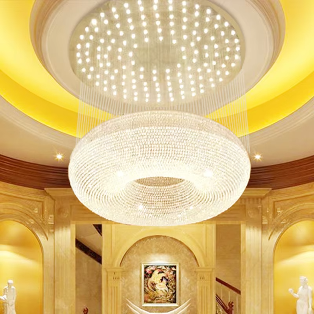 Luxury double-layer crystal ceiling chandelier (full-crystal ring + dot matrix light source), warm light effect, creating an extremely luxurious high-end space atmosphere.