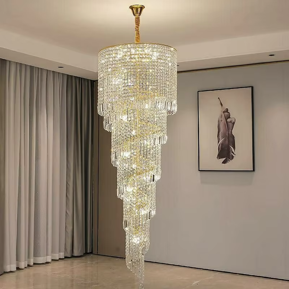 European top-luxury golden crystal spiral gradient small high-ceiling chandelier, warm light effect, creating a luxurious and grand space atmosphere.