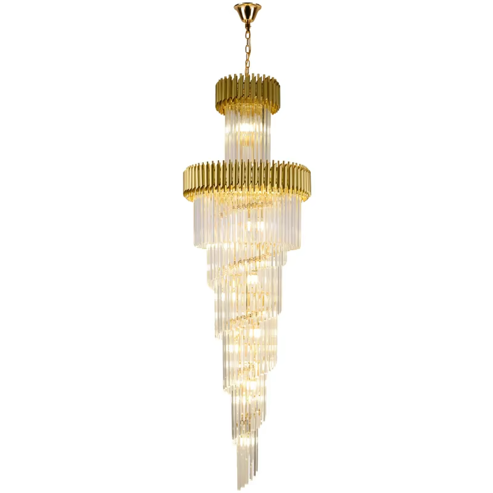 Luxurious multi-layer golden frame crystal high-ceiling chandelier, decorated with pendant transparent crystals, brilliant and gorgeous lighting, creating a high-end luxurious atmosphere.