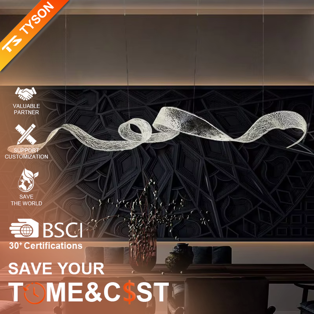 Art ribbon curve chandelier (transparent texture acrylic + flowing shape), warm light effect, creating a minimalist artistic space atmosphere.