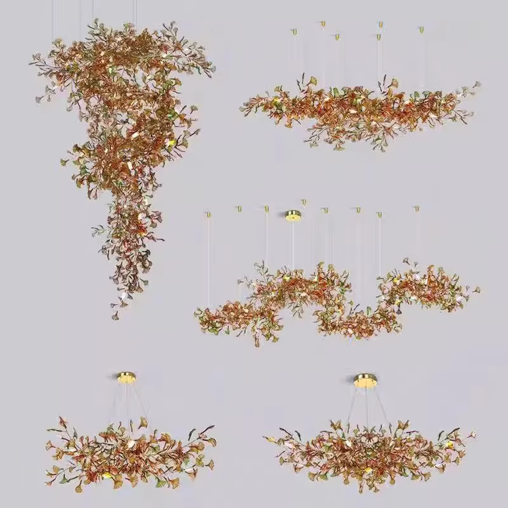 Art ginkgo leaf vine chandelier (simulated ginkgo leaves + built-in light source + drooping vine shape), warm light effect, creating a natural forest-style high-ceiling space atmosphere.