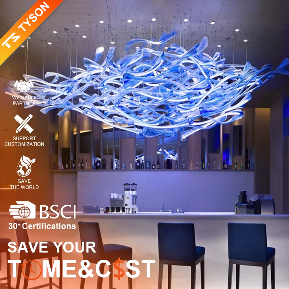 This large-scale art glass chandelier features a streamlined nebula/wave shape made of blue-white gradient transparent glass strips, hung in a suspended manner. It serves both lighting and artistic decorative purposes, ideal for high-ceiling commercial spaces such as hotel lobbies, high-end bars, and sales offices.