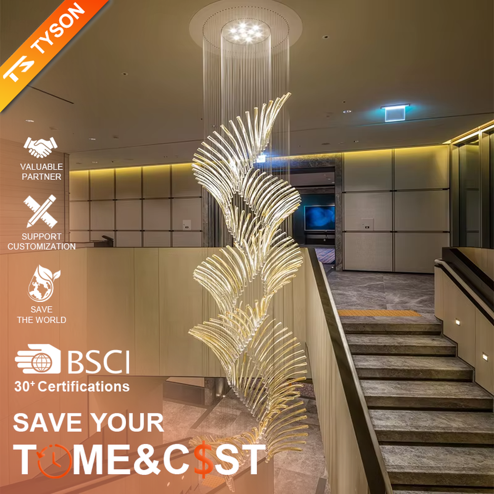 Artistic natural-style gradient light curved transparent tube hanging lamp, transparent curved tubes + gradient warm light, feather-like stretched shape, creating a high-end artistic atmosphere.