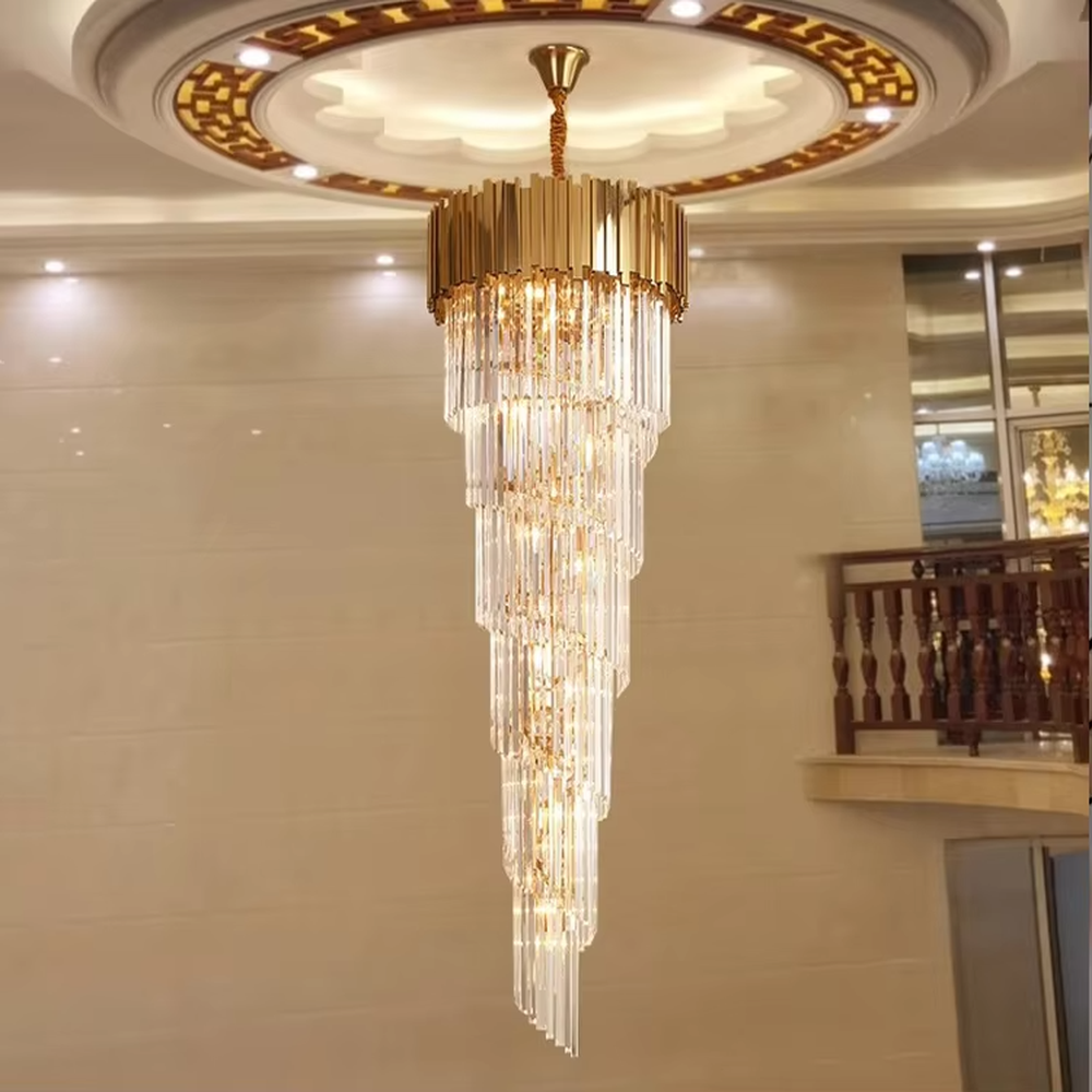 Modern luxurious golden-top long crystal layered high-ceiling chandelier, warm light effect, creating a high-end grand space atmosphere.