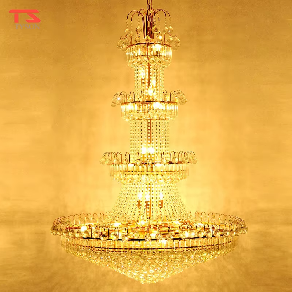 European-style top-luxury full golden frame multi-layer tower-shaped crystal (with spherical decorations) high-ceiling chandelier, warm light effect, creating an extremely gorgeous top-luxury space atmosphere.