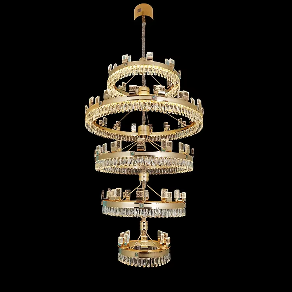 Luxurious multi-layer gold ring crystal square decor chandelier, gold ring frame + crystal pendants + square decorations, brilliant and gorgeous lighting, creating a top-tier high-end luxurious atmosphere.