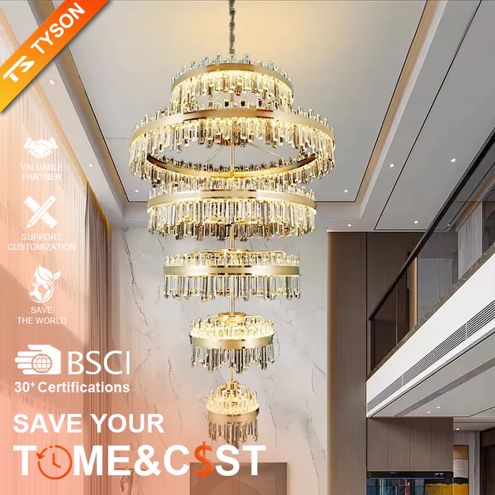 Modern top-luxury multi-layer ring crystal chandelier, golden frame + gradient ring design + full crystal inlay, brilliant warm light creates high-end luxurious atmosphere.