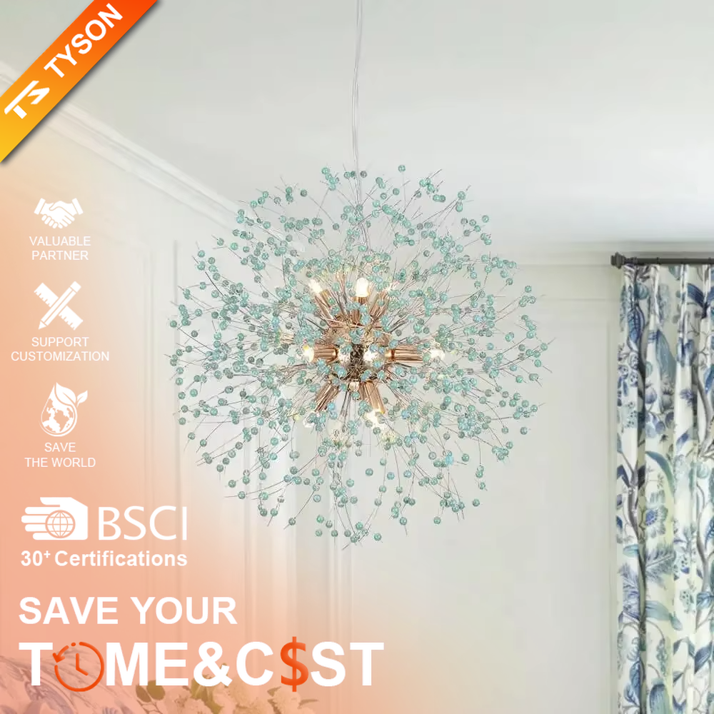 This modern light luxury dandelion-shaped chandelier features a gold metal core frame, paired with blue-green gradient crystal/acrylic decorations, in a radial blooming shape. It serves both lighting and decorative purposes, ideal for living rooms, entryways, light luxury commercial spaces and other scenarios.