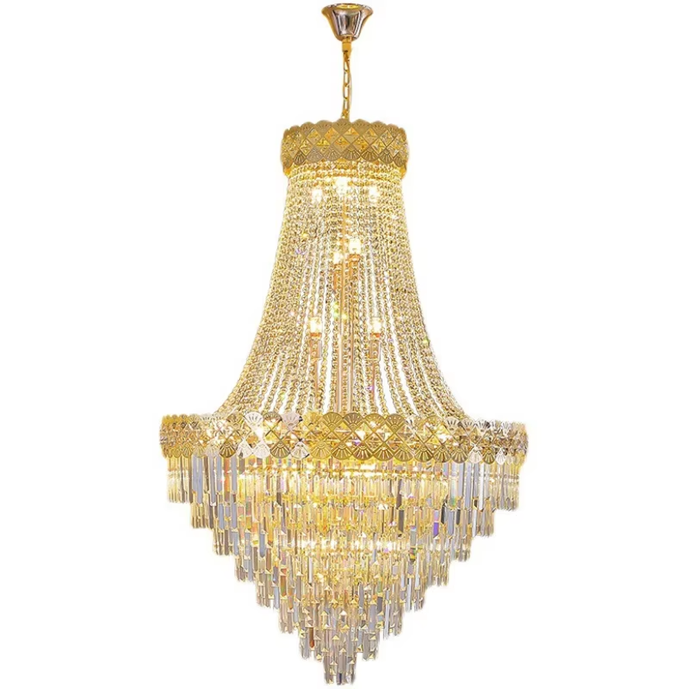 European-style top-luxury full golden frame crystal multi-layer tower chandelier, warm light effect, creating a gorgeous and solemn luxurious atmosphere.