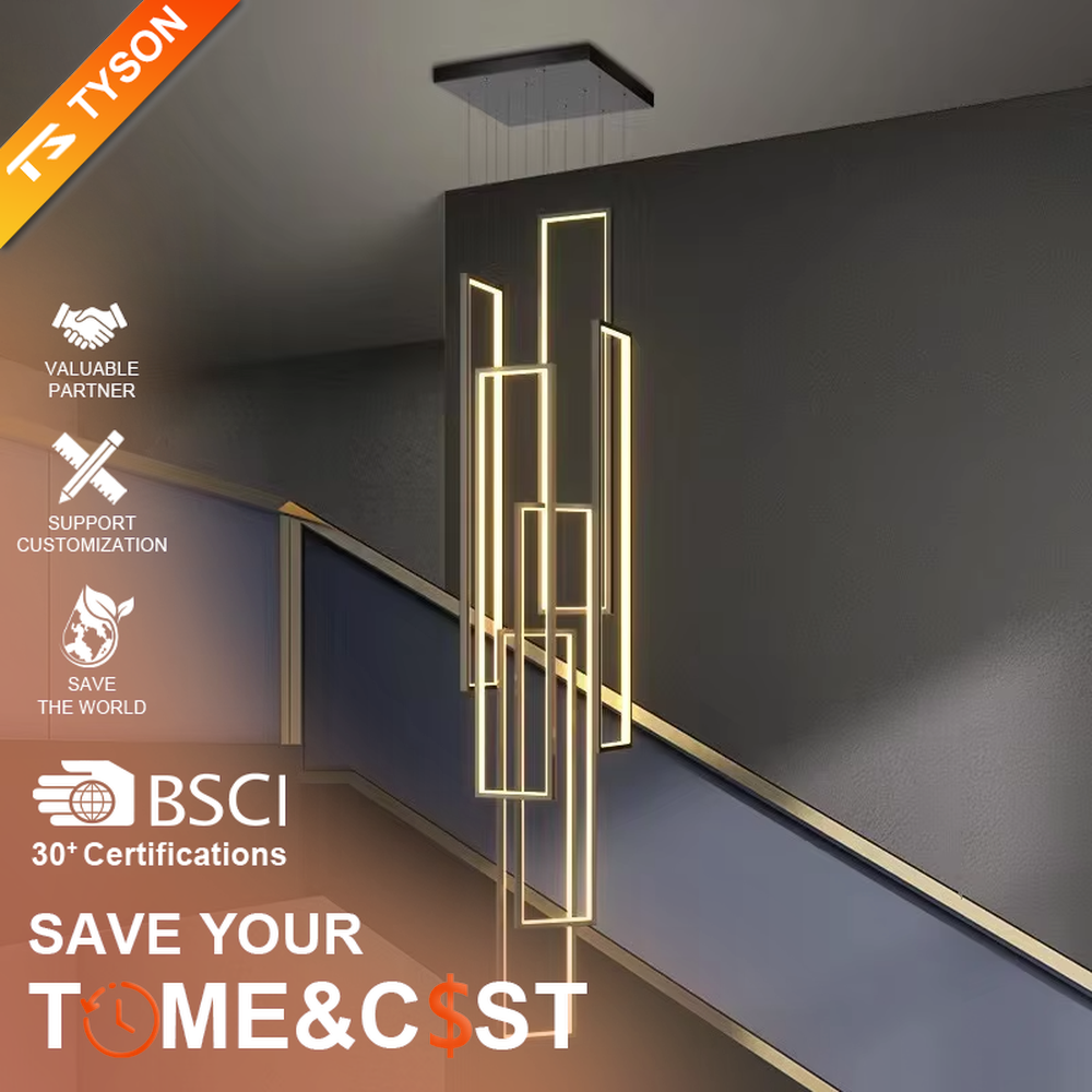 Modern geometric line LED chandelier (metal frame + warm light), warm light effect, creating a minimalist high-end futuristic space atmosphere.