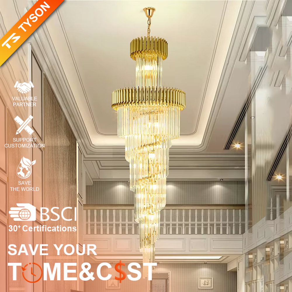 Luxurious multi-layer golden frame crystal high-ceiling chandelier, decorated with pendant transparent crystals, brilliant and gorgeous lighting, creating a high-end luxurious atmosphere.