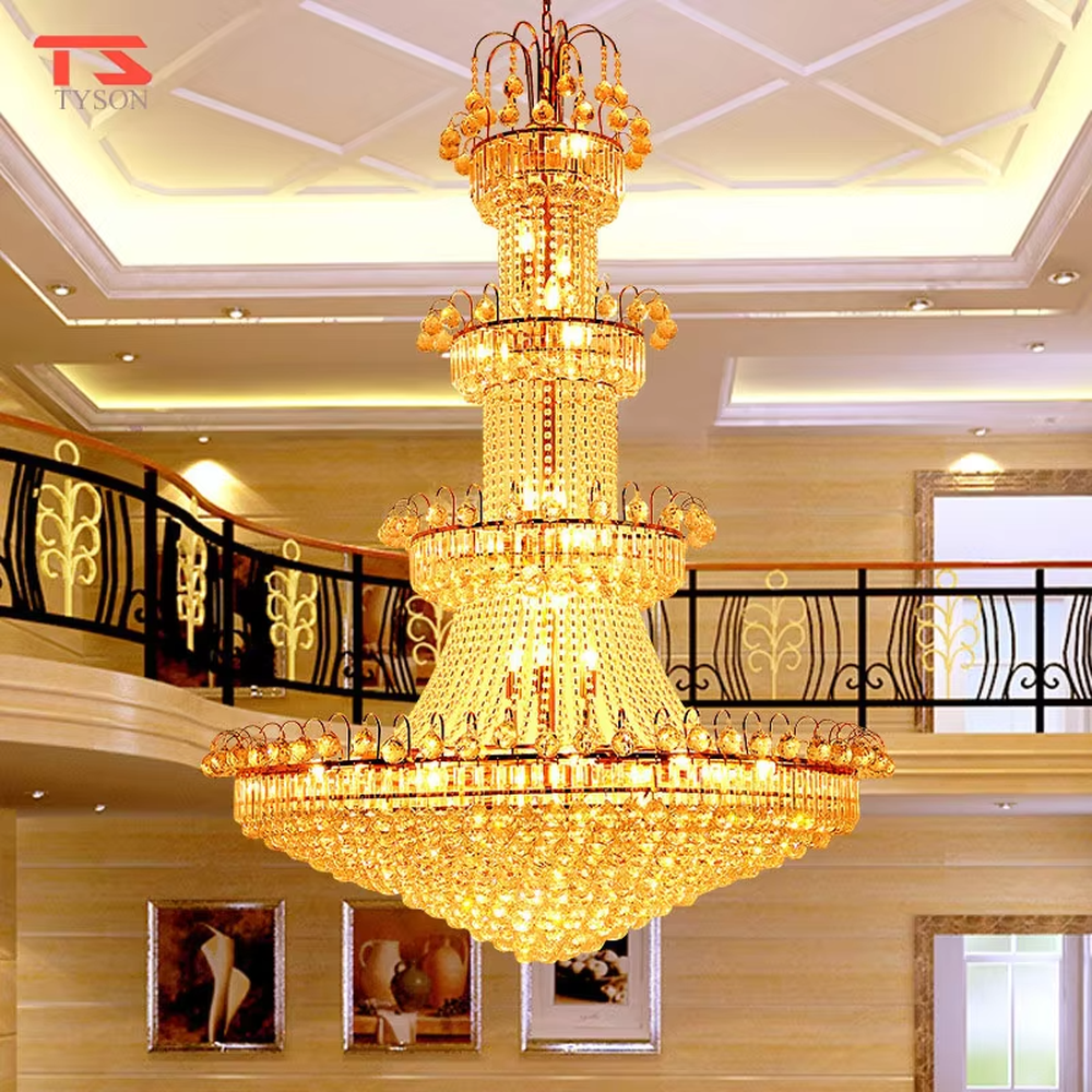European-style top-luxury full golden frame multi-layer tower-shaped crystal (with spherical decorations) high-ceiling chandelier, warm light effect, creating an extremely gorgeous top-luxury space atmosphere.
