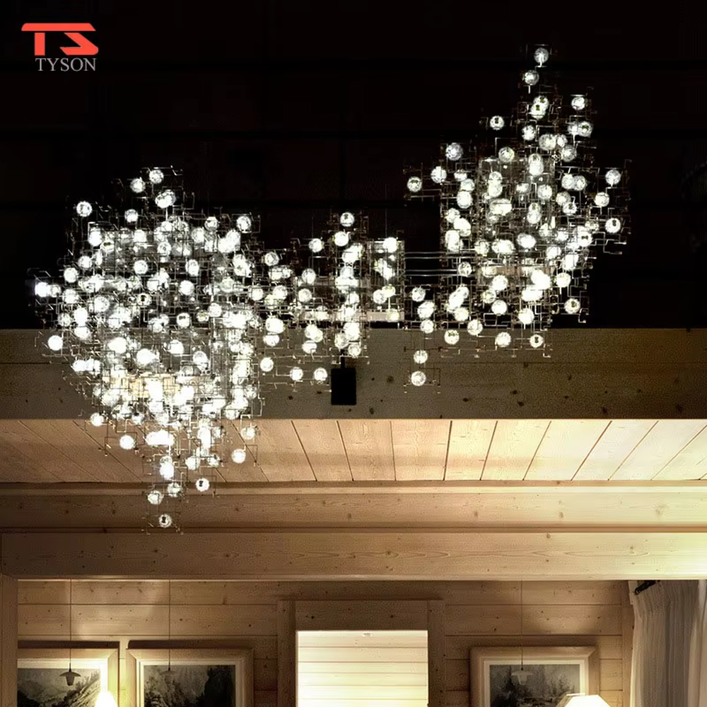 This art chandelier features a gold metal grid frame with embedded luminous light-transmitting balls to create an irregular nebula shape, serving both lighting and artistic decoration purposes, ideal for commercial spaces such as sales offices, art exhibition halls, and high-end clubs.