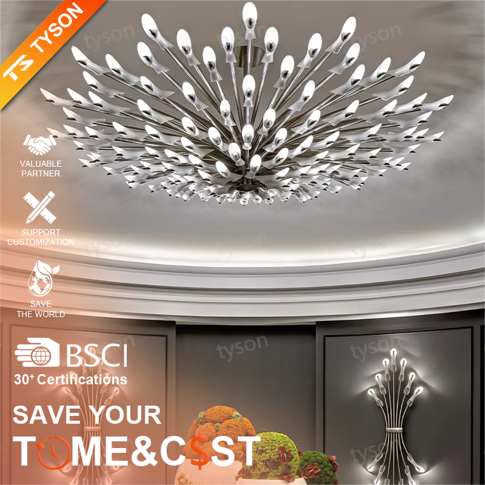 Art firework crystal ceiling chandelier (radial crystal lamp arms + starry sky shape), warm light effect, creating a bright and high-end home atmosphere.