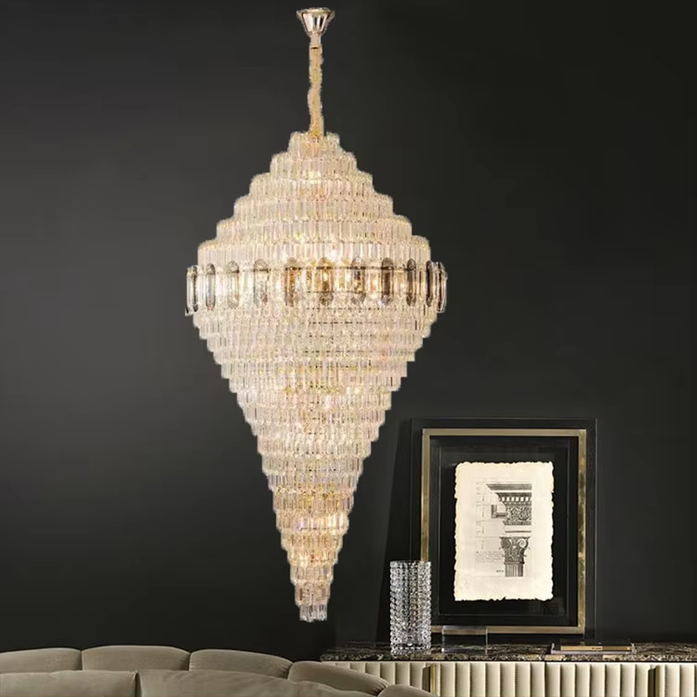 Luxurious conical full-crystal chandelier, golden metal frame + dense long crystal pendants, brilliant and gorgeous lighting, creating a high-end luxurious atmosphere.