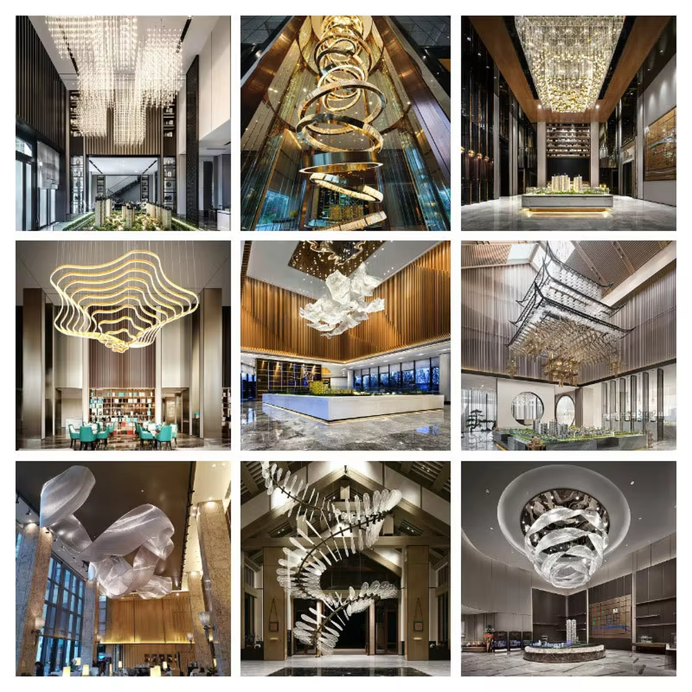 This large custom art glass chandelier features a streamlined nebula/wave shape woven from blue-white gradient transparent glass strips, suspended in a floating manner, serving both lighting and artistic decoration purposes, ideal for high-ceiling commercial spaces such as hotel lobbies, high-end bars, and sales offices, with free design and professional engineering customization available.
