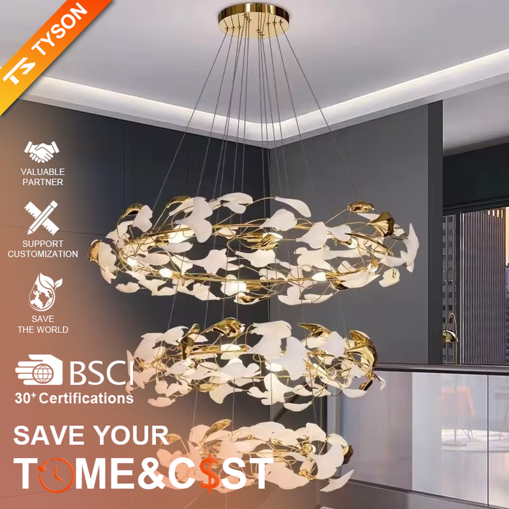 Light luxury art ginkgo leaf-shaped multi-layer hanging chandelier, golden metal curved frame + white ginkgo leaf decorative light panels, soft and elegant lighting, creating a high-end artistic atmosphere.