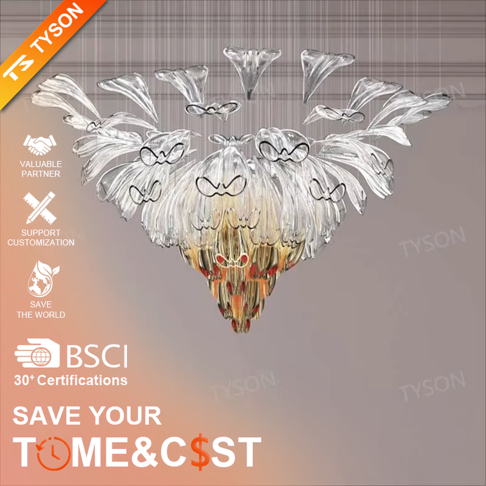 Art calla lily crystal chandelier (transparent + gradient yellow crystal calla lily shape), warm light effect, creating an elegant and dreamy high-end space atmosphere.