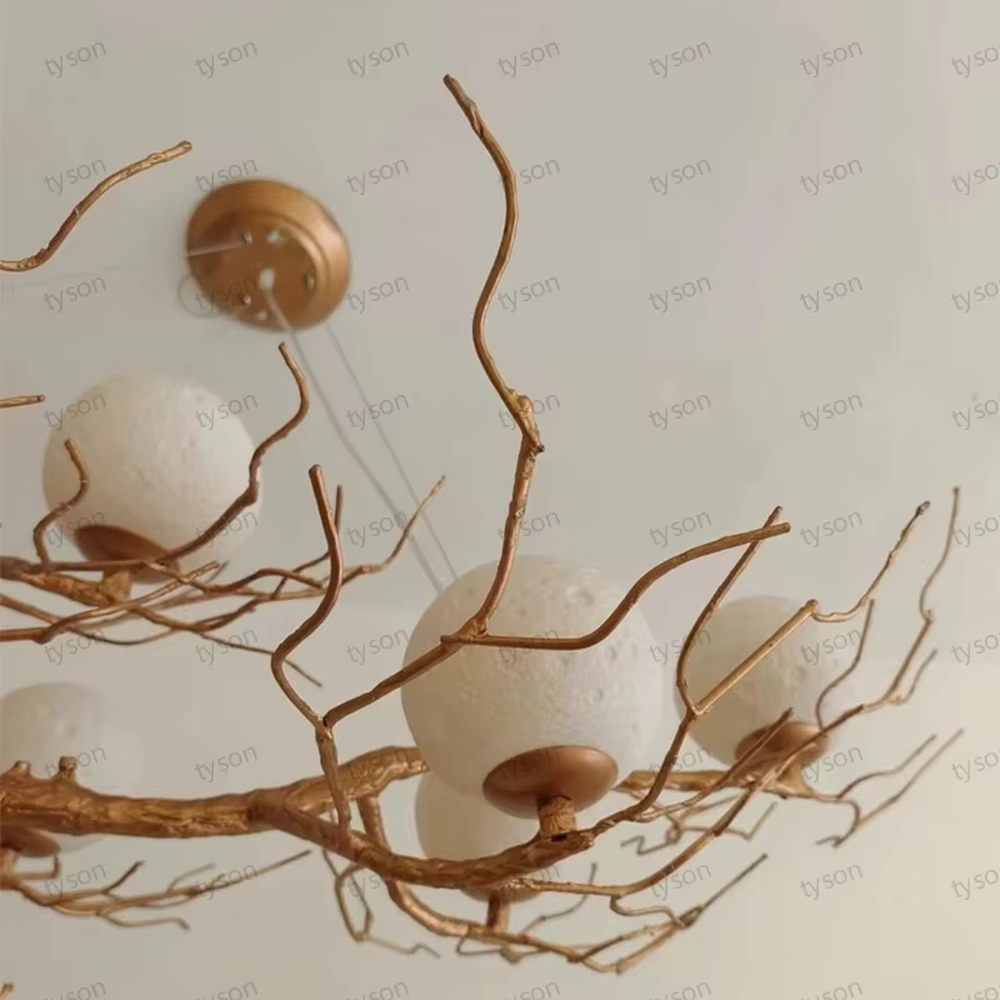 Natural dry branch glass ball chandelier (simulated dry branch frame + milk-white glass balls), warm light effect, creating a forest-style healing space atmosphere.