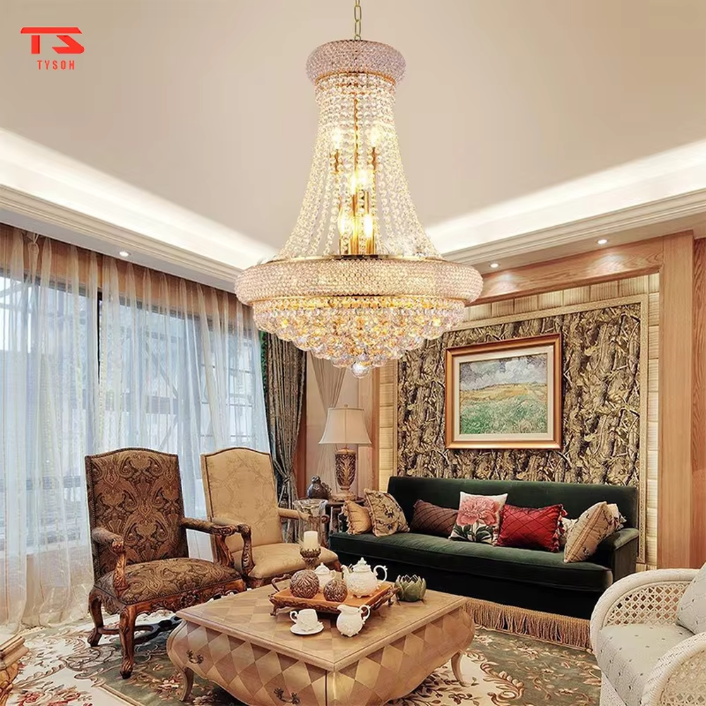 European top-luxury golden frame double-layer crystal (with spherical decoration) chandelier, warm light effect, creating an extremely gorgeous noble atmosphere.