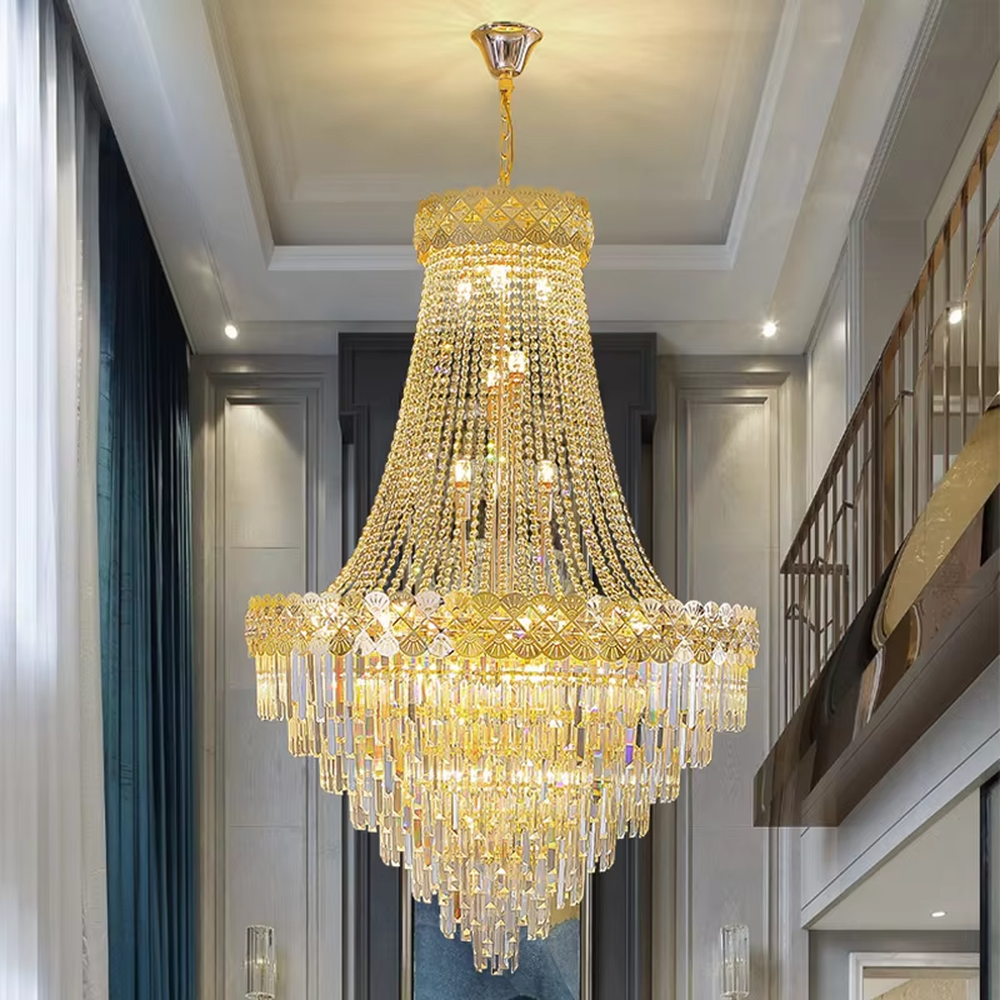 European-style top-luxury full golden frame crystal multi-layer tower chandelier, warm light effect, creating a gorgeous and solemn luxurious atmosphere.