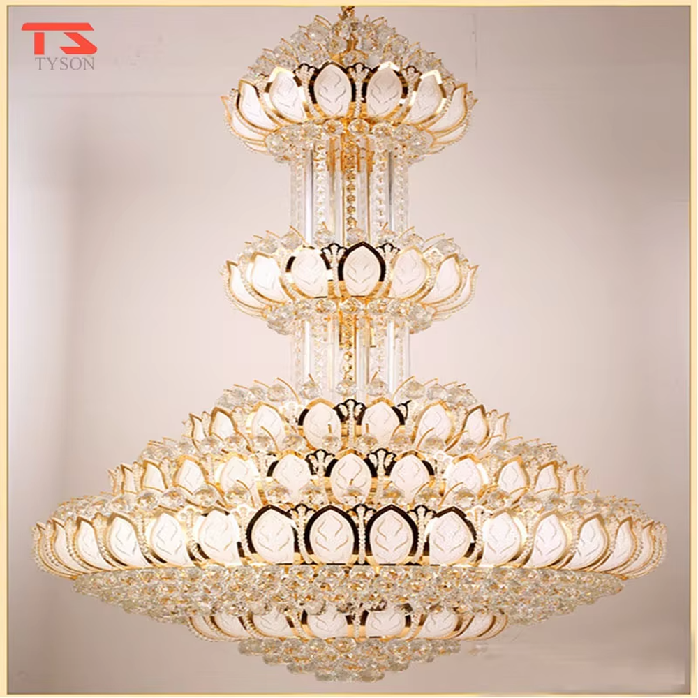 Southeast Asian religious-style multi-layer lotus-shaped golden crystal chandelier, layered lotus structure + full golden crystal material + warm light effect, creating a solemn and luxurious religious atmosphere.