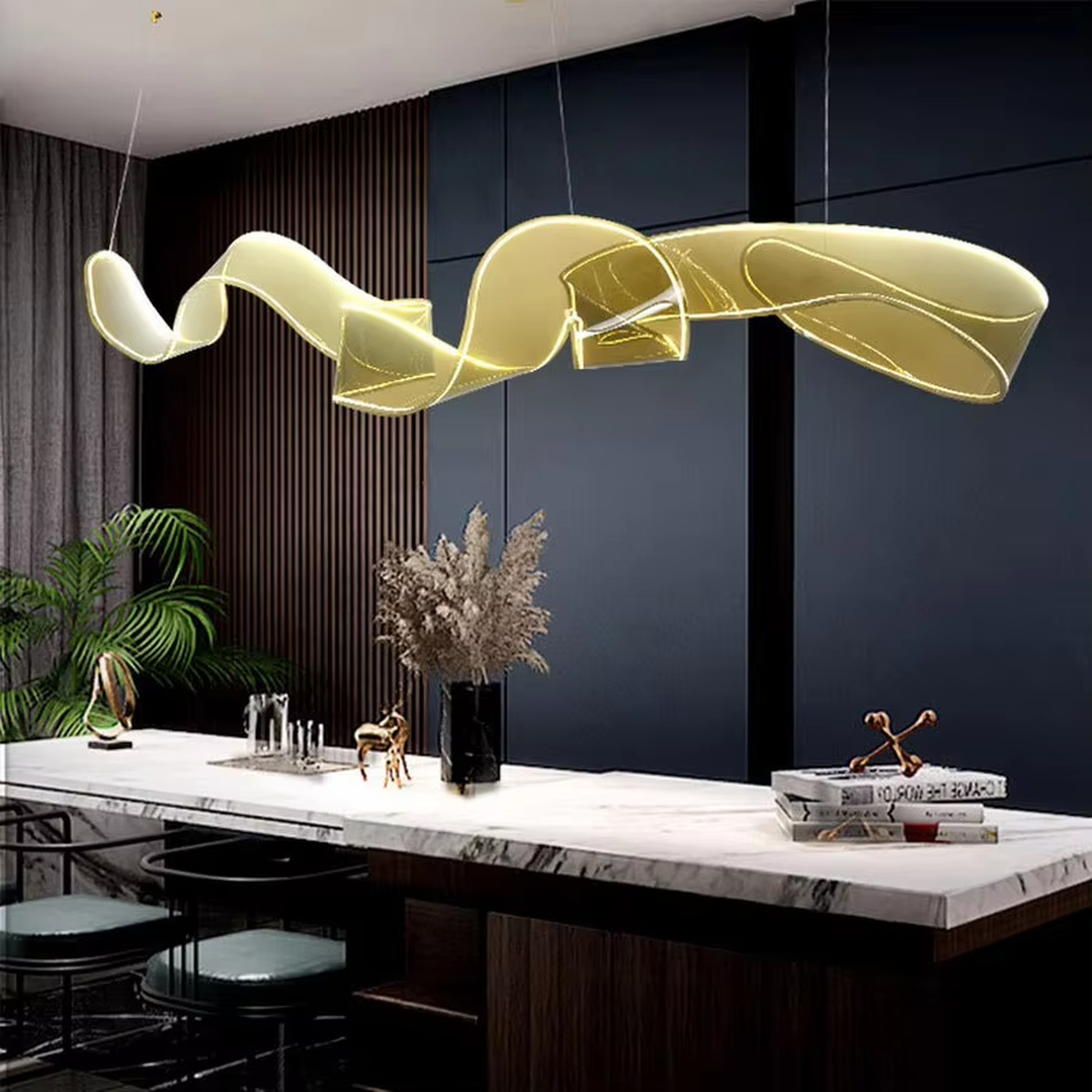 Art ribbon curve chandelier (transparent texture acrylic + flowing shape), warm light effect, creating a minimalist artistic space atmosphere.