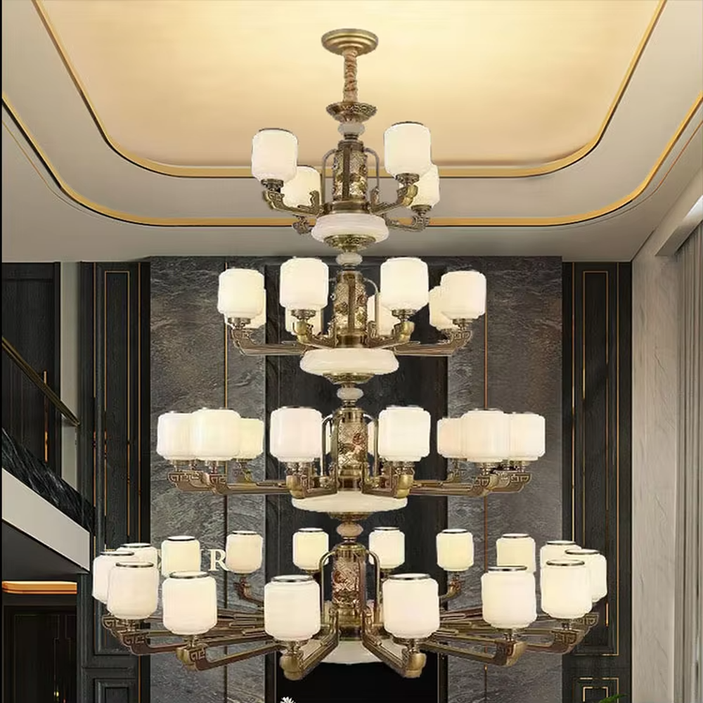 New Chinese-style luxurious multi-layer vintage copper chandelier, 4-layer structure + white jade texture lampshades + vintage copper carved frame, soft warm light creates elegant Chinese atmosphere.