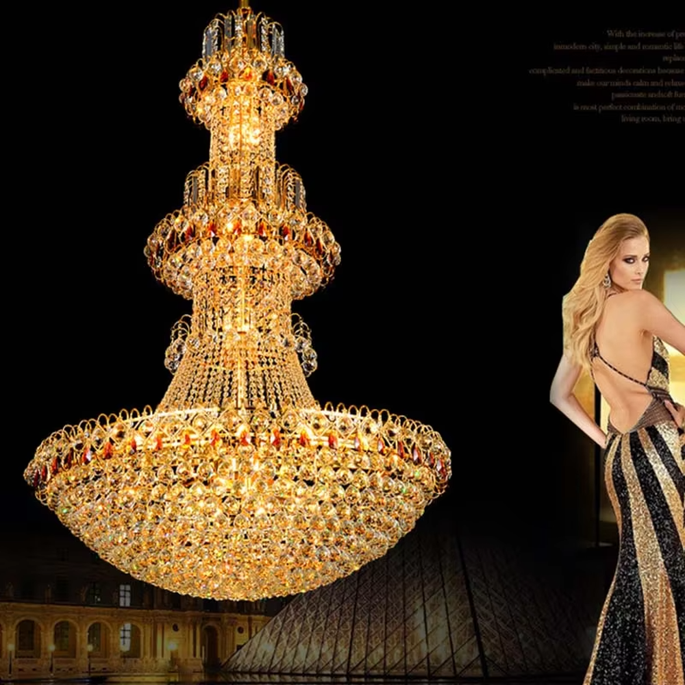 Luxurious multi-layer golden metal frame crystal chandelier, inlaid with gold and red two-color crystals, brilliant and gorgeous lighting, creating a noble-level luxurious atmosphere.
