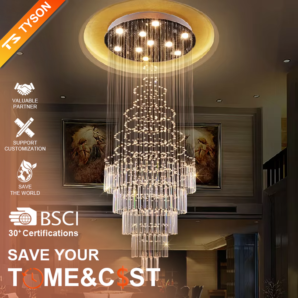 Luxurious retro circular ceiling-mounted golden crystal long string + particle decoration high-ceiling chandelier, warm light effect, creating a retro luxurious space atmosphere.