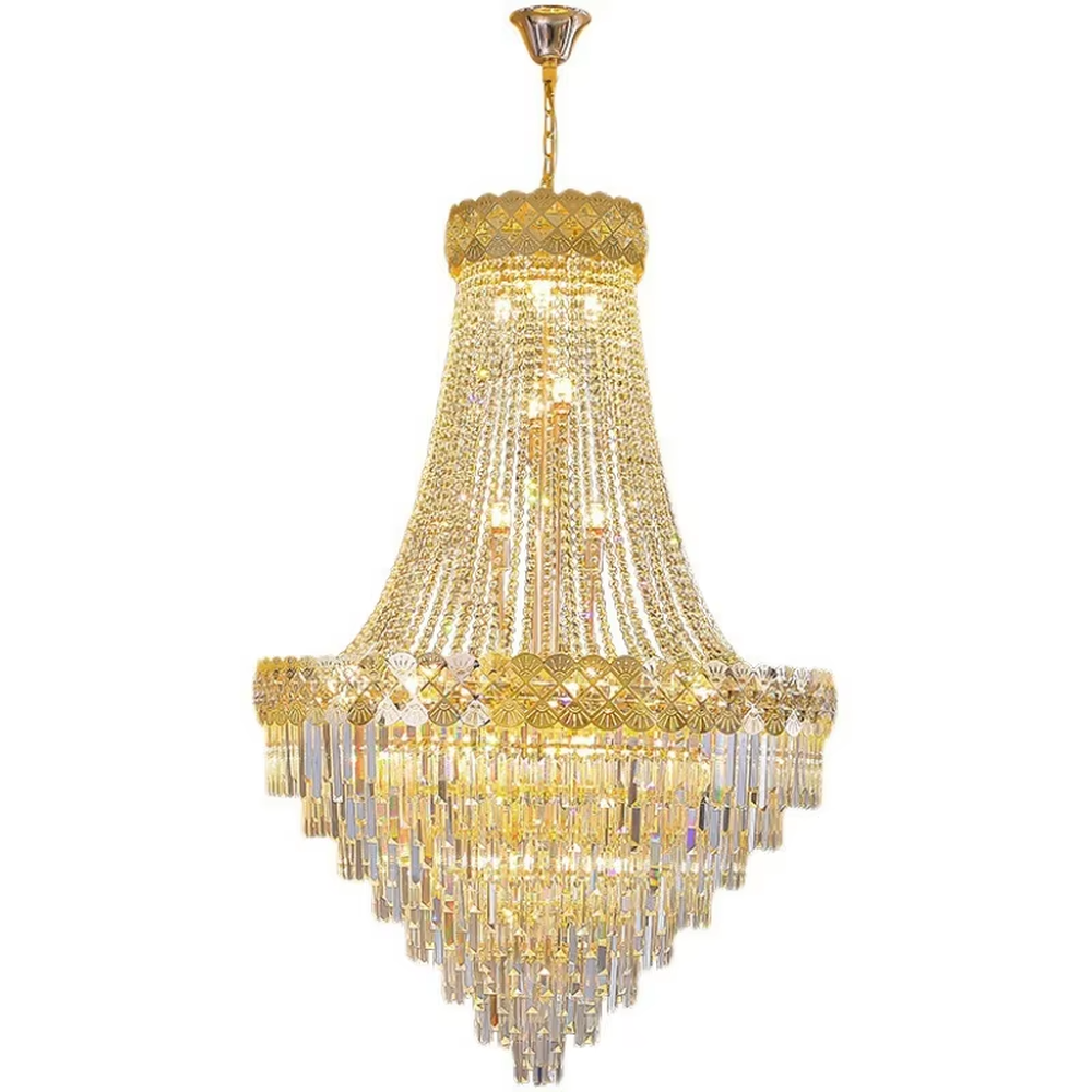 Luxurious umbrella-shaped layered gold-decorated crystal chandelier, golden frame paired with dense crystal pendants and golden decorative patterns, brilliant and gorgeous lighting, creating a high-end luxurious atmosphere.