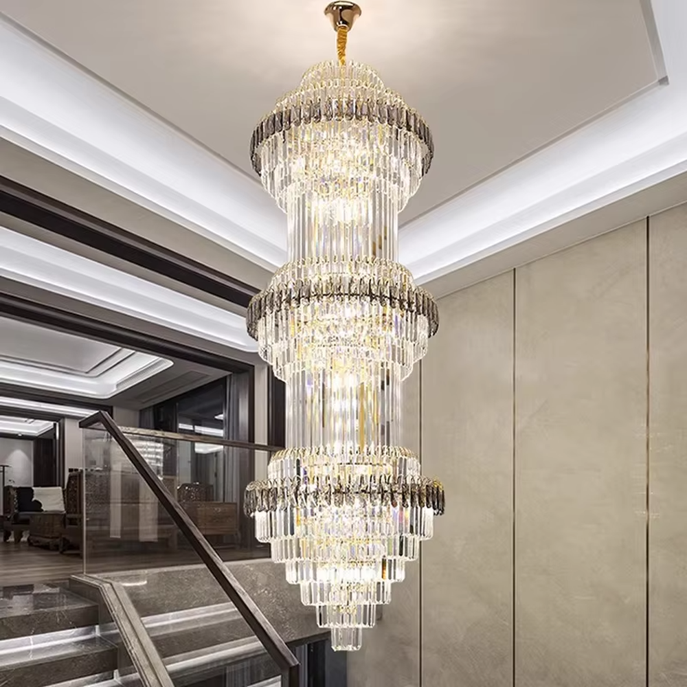 Modern top-luxury multi-layer golden frame crystal high-ceiling chandelier (with black-gray decorative strips), transparent long crystals + golden frame + warm light effect, creating a luxurious and grand atmosphere in high-ceiling spaces.
