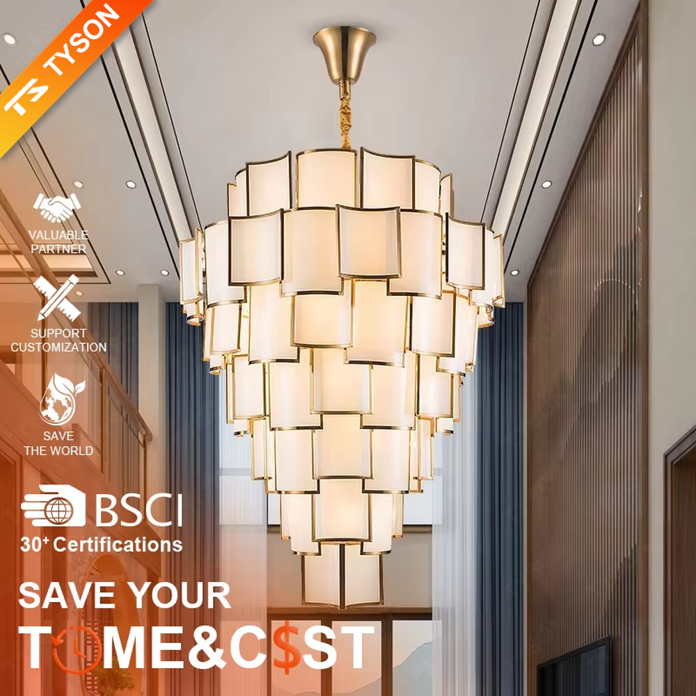 This new Chinese style light luxury large chandelier features a gold metal frame, paired with multi-layer off-white fabric lampshades, in a stacked cone shape. It serves both lighting and decorative purposes, ideal for high-end high-ceiling spaces such as villa high-ceiling living rooms, hotel lobbies, and sales offices.