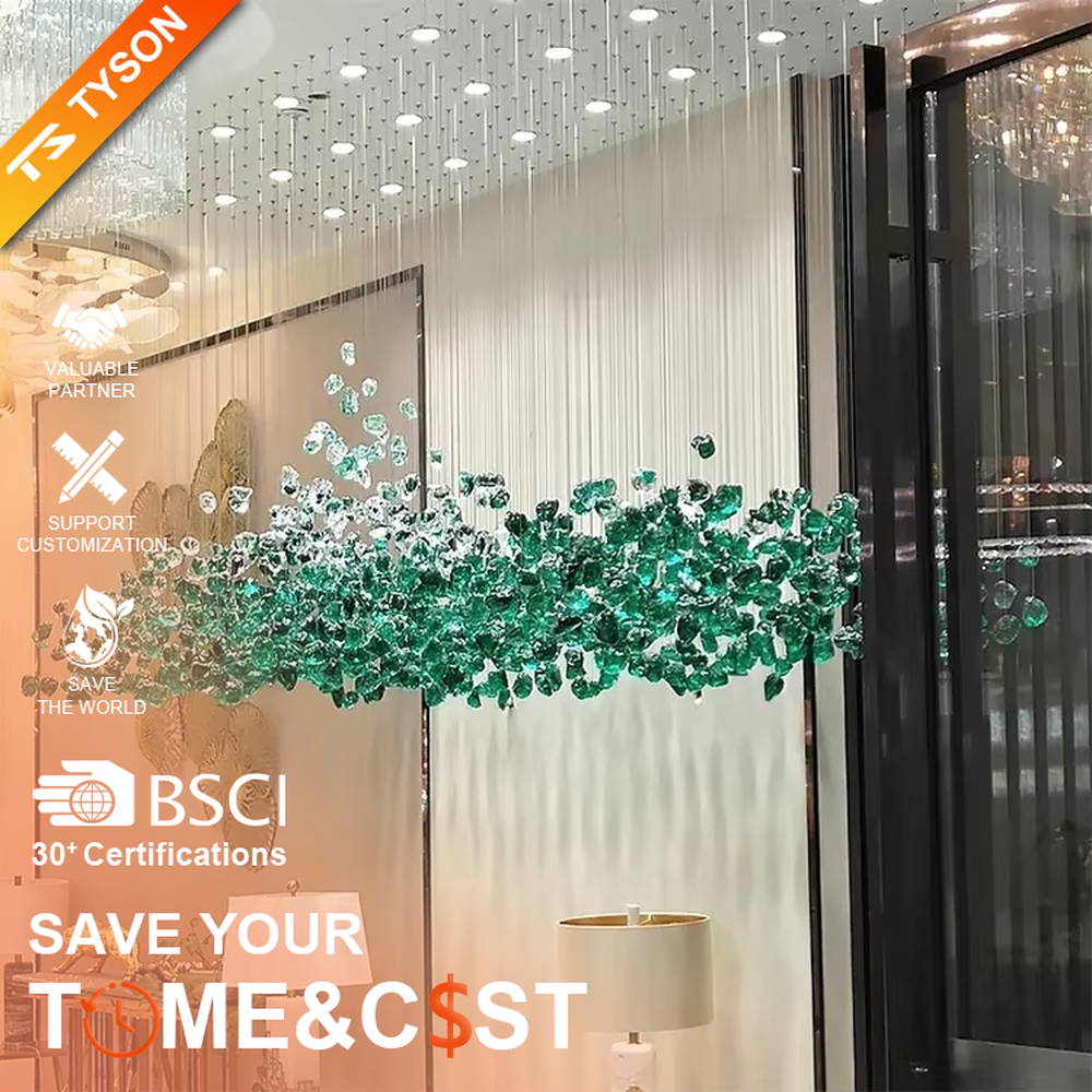 This large dome crystal chandelier features a teardrop-shaped pendant design made of blue-white gradient crystal clusters, like blooming flower clusters or deep-sea ripples, serving both lighting and artistic decoration purposes, ideal for high-ceiling commercial spaces such as hotel lobbies, sales offices, and high-end clubs.