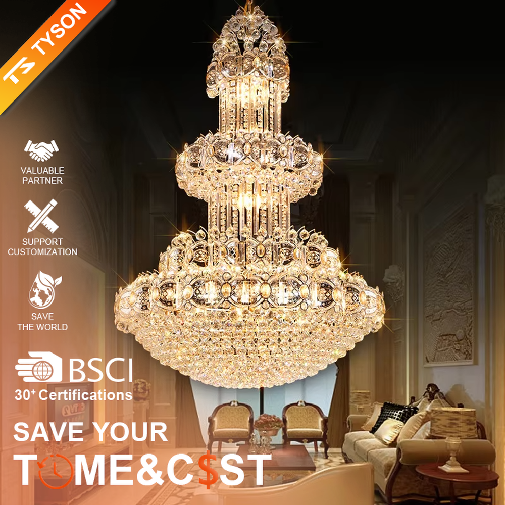 Palace-level luxurious multi-layer full-crystal chandelier, layered crystal shape + brilliant refraction light effect, creating a top-tier noble luxurious high-ceiling space atmosphere.