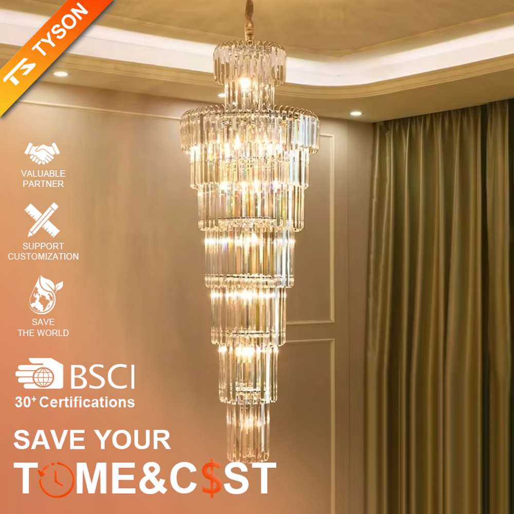 Vintage luxurious multi-layer crystal column high-ceiling chandelier, stacked transparent long crystal column shape + brilliant refraction light effect, creating a vintage noble high-ceiling space atmosphere.