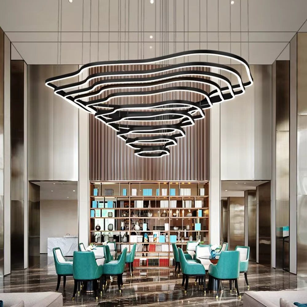 This new Chinese style light luxury large chandelier features multi-layer wavy LED light strips made of gold metal, in a stacked suspended cloud/mountain shape. It serves both lighting and decorative purposes, ideal for high-end spaces such as sales offices, hotel lobbies, and villa high-ceiling living rooms.