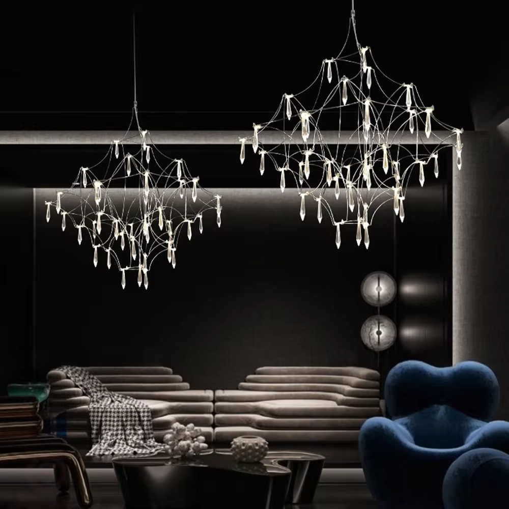 Art cobweb crystal chandelier (crystal pendants + cobweb-style metal wire frame), warm light effect, creating a dreamy and high-end space atmosphere.