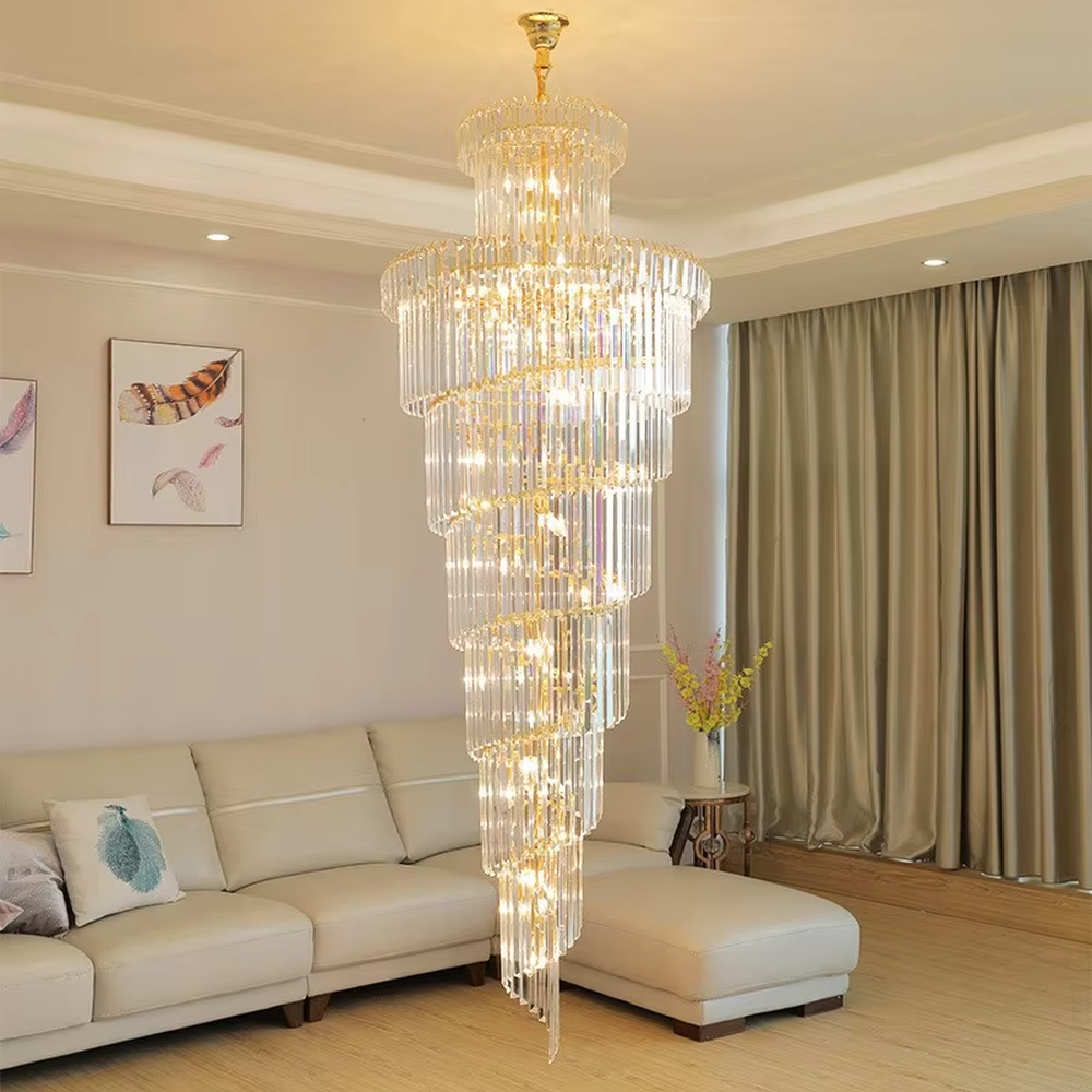 European palace-style multi-layer golden frame long crystal high-ceiling chandelier, warm light effect, creating a luxurious noble space atmosphere.