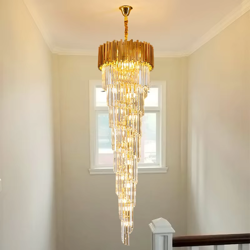 Modern luxurious golden-top long crystal layered high-ceiling chandelier, warm light effect, creating a high-end grand space atmosphere.
