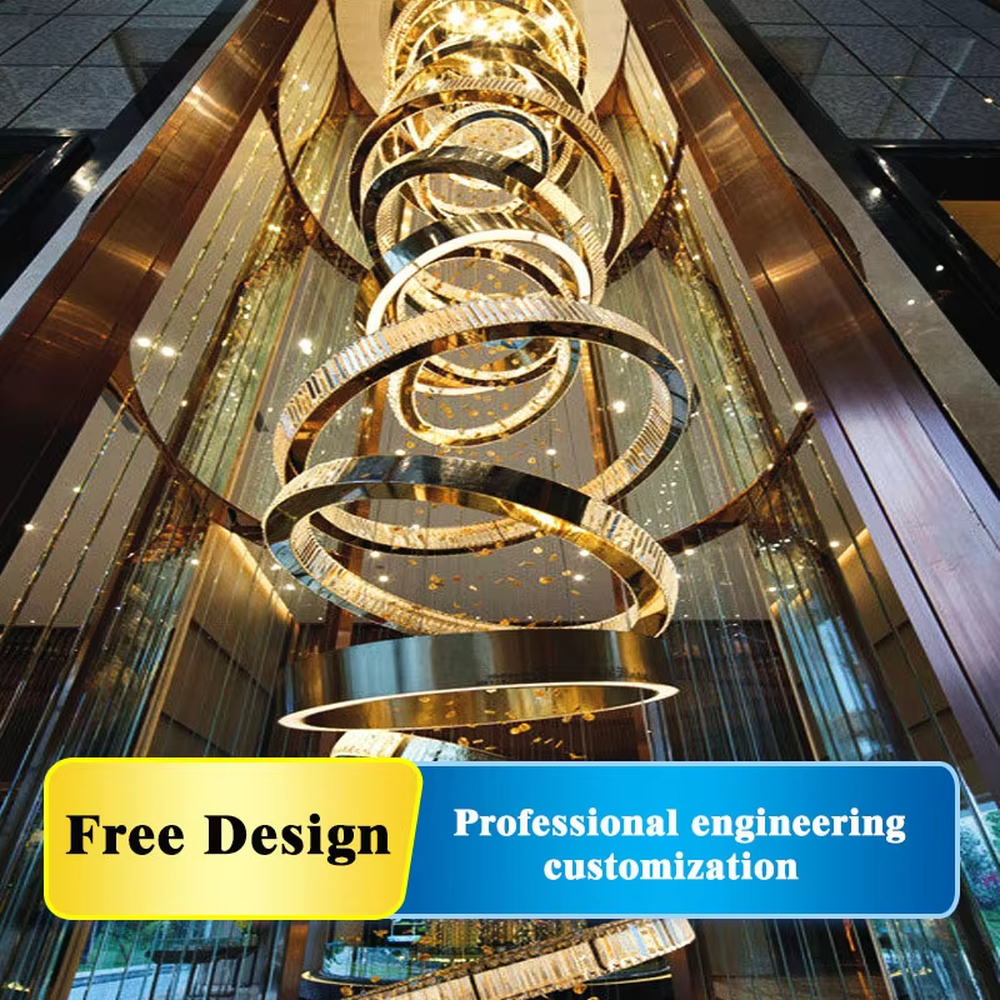 This light luxury spiral ring chandelier features a gold metal frame with embedded crystal/acrylic light strips, in a multi-layer scattered spiral shape, serving both lighting and decorative purposes, ideal for high-end high-ceiling spaces such as villa high-ceiling staircases, hotel lobbies, and sales offices.