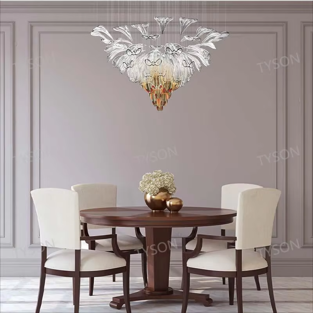Art calla lily crystal chandelier (transparent + gradient yellow crystal calla lily shape), warm light effect, creating an elegant and dreamy high-end space atmosphere.