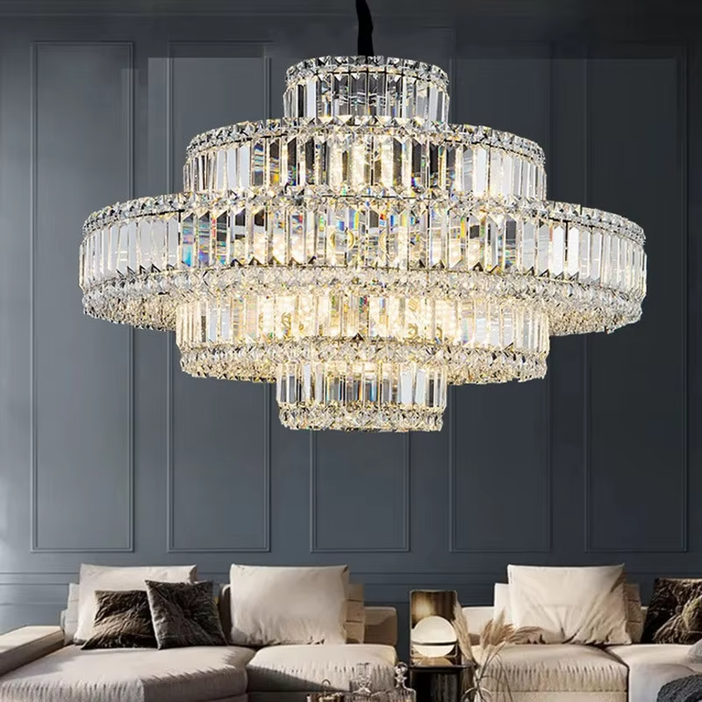 Modern light luxury multi-layer circular iridescent cut crystal chandelier, warm light effect, creating a luxurious and grand space atmosphere.
